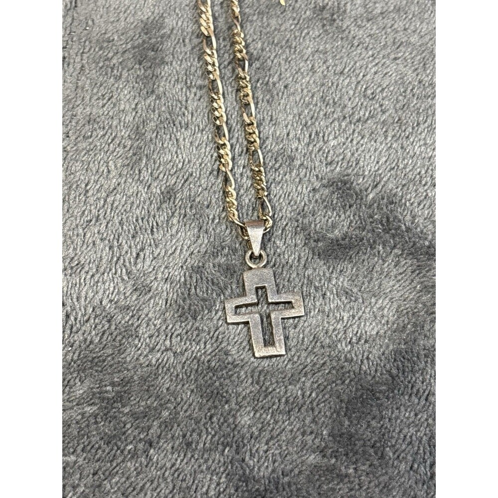 Vintage Sterling Silver 925 Open Outlined Frame Cross Pendant And Chain